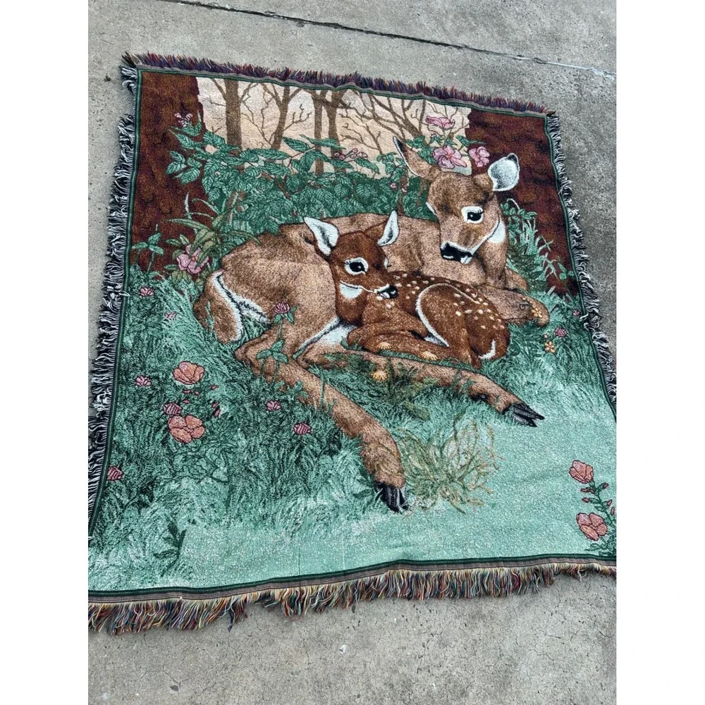 Unbranded Deer Fawn Woven Tapestry Blanket 54x48 Green Brown Nature Throw Decor